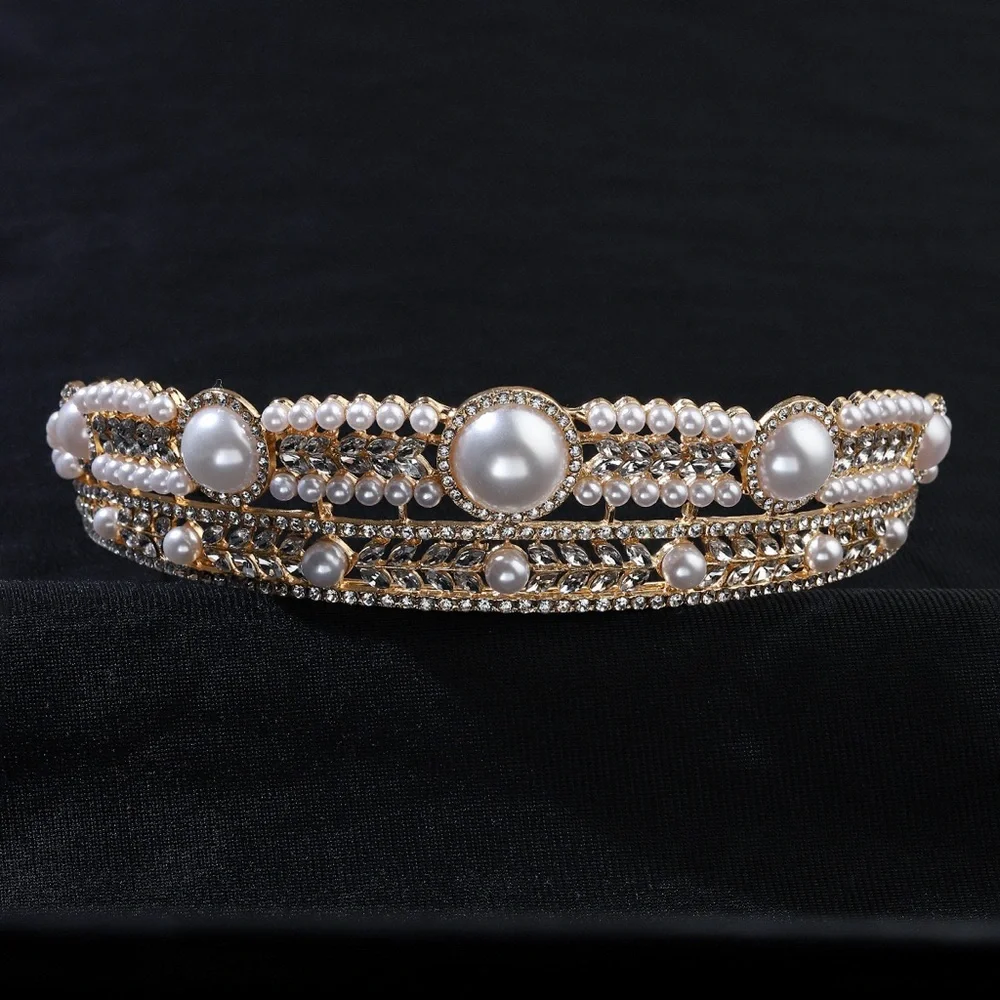 Gold pearls royal tiara crown wedding anniversary present